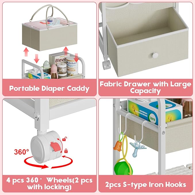2In1 Baby Diaper Caddy Organizer and Storage, 3 Tier Rolling Cart with Drawer, Detachable Dividers, Mobile Utility Cart Baby Dresser Clothes Organizer for Crib, Bedroom, Art & Craft Storage