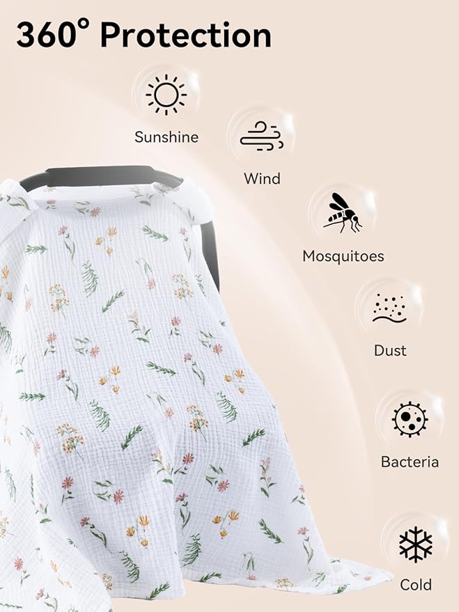 TILLYOU Baby Car Seat Cover, Breathable Muslin Cotton Infant Car Seat Cover, Lightweight Canopy with Sun and Bug Protection(Daisy)