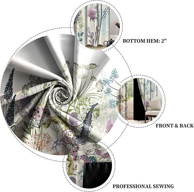 Renaiss Wildflowers Blackout Curtains Vintage Botanical Floral Plant Thermal Insulated Window Drapes for Bedroom 53W x 96L inches 2 Panel Set Window Curtain Panels for Living Room
