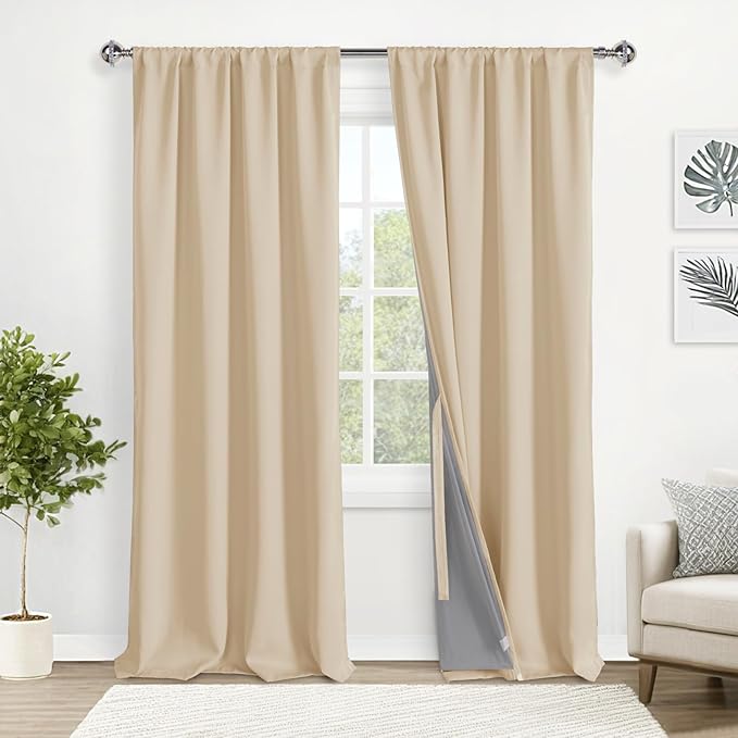 XWZO 100% Blackout Curtains - Double Layer Full Room Darkening and Energy Efficiency Rod Pocket & Back Tab Window Panels with Tiebacks for Living Room, Biscotti Beige, W52 x L95, Set of 2 Drapes
