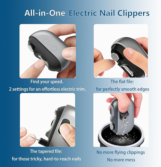 Smart Electric Nail Clipper, 3-in-1 Automatic Nail Trimmer & Polisher with 2 Speeds, LED Light, Rechargeable Nail Clippers for Seniors, Low Vision, Women, Men and Kids (Gray)