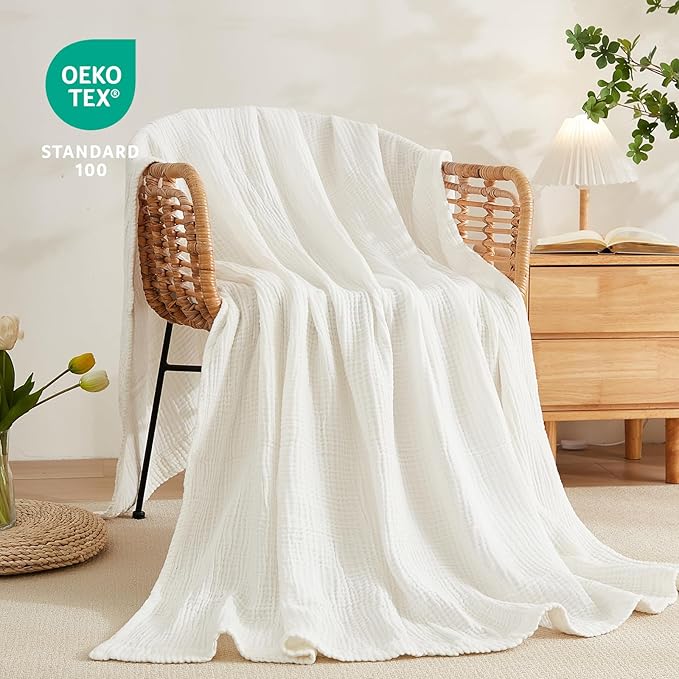 EMME Cotton Blanket for Couch Breathable Gauze All Season Soft and Lightweight Muslin White Throw Blankets for Adults (White, 50"x70")