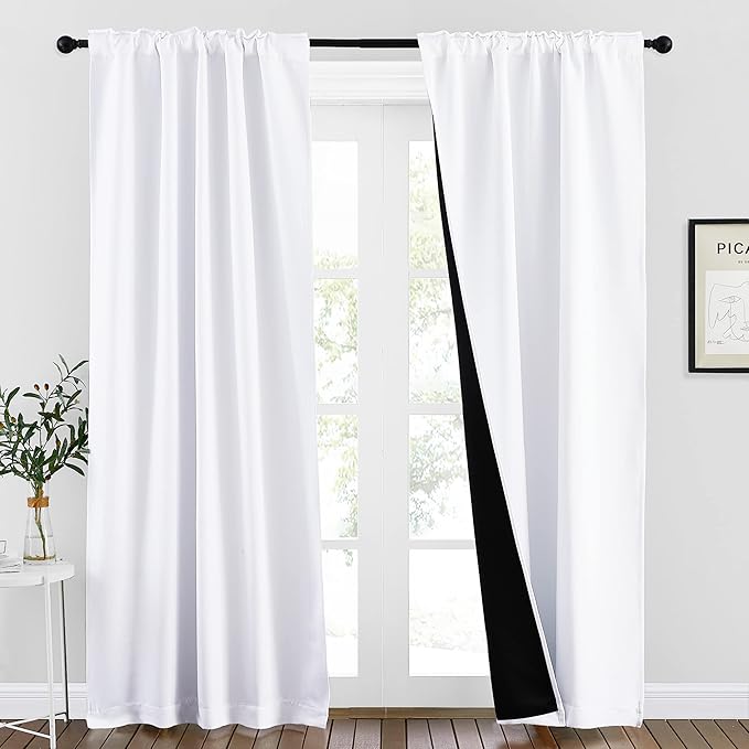 NICETOWN 100% Blackout Window Curtains, Cold and Full Light Blocking Drapes with Black Liner for Nursery, 84 Inches Drop Thermal Insulated Draperies for Bedroom (Pure White, 2 Pieces, 42 inches Wide)