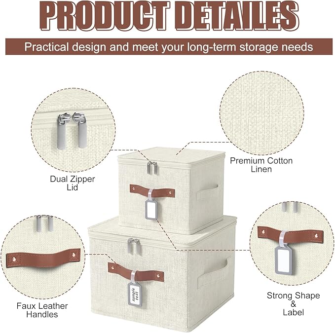 6 Pack Fabric Closet Storage Bins with Zipper Lids and Label, 10×8×7In Large Size Foldable Cotton Linen Storage Cubes Boxes with PU Leather Handles Holders for Bedroom, Shelf, Nursery, Beige