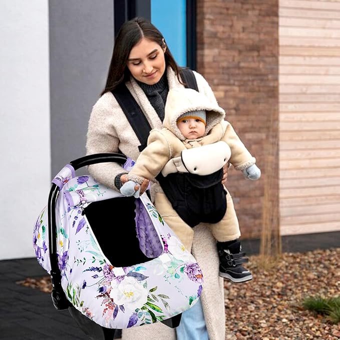 Car Seat Cover Baby Girl, Warm Winter Carseat Cover for Baby, Purple Floral Infant Car Seat Canopy with Peep Window, for Protecting Baby from Wind & Sun, Kick-Proof & Windproof
