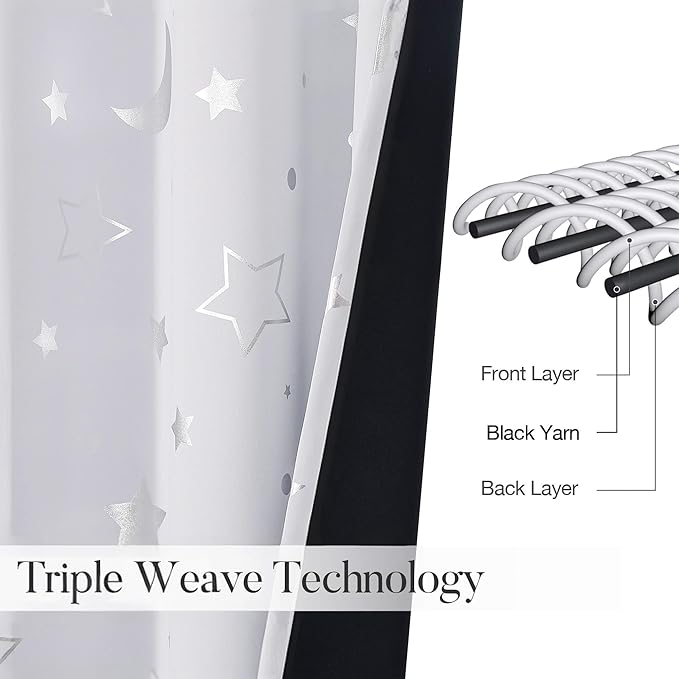 WUBODTI Grey White 100% Blackout Patterned Star Curtains 63 Inch Length for Kids Bedroom Nursery, Cute Baby Short Curtains Silver Star and Moon Galaxy Thermal Insulated Drapes, 2 Panel Sets