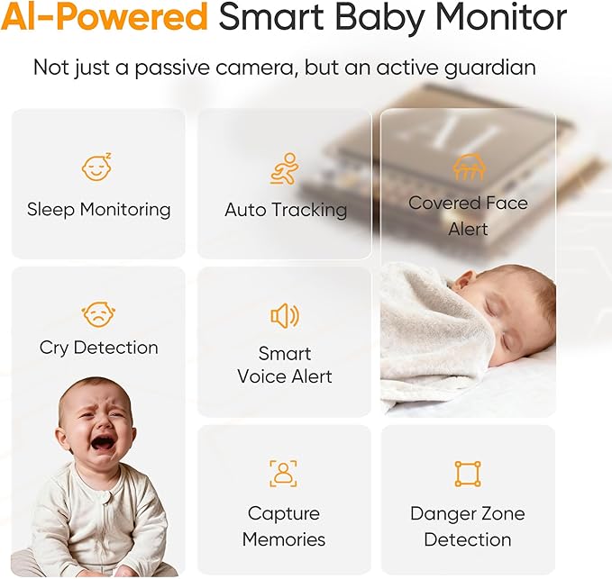 Monai Smart Baby Monitor - 3K HD WiFi Video Baby Camera with 7 AI Features, Pan-Tilt, 6X Zoom & Night Vision, Instant Alerts for Cry/Sound/Sleep/Face Covered/Motion, No Monthly Fee, Nursery Monitor