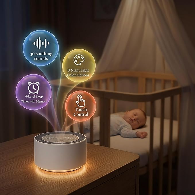 Kipcush White Noise Machine with Night Light – Nursery Sound Machine with Soft Non-Glare Lamp, 30 Soothing Sounds, 8 Color Lights, Up to 8-Hour Timer for Baby & Adults