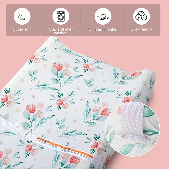 FHMJYH Changing Table Pad Cover Elastic Changing Pad Cover Premium Baby Changing Pad Cover 2 Pack for Boys Girls Soft Comfortable and Secure (Pink Flower)
