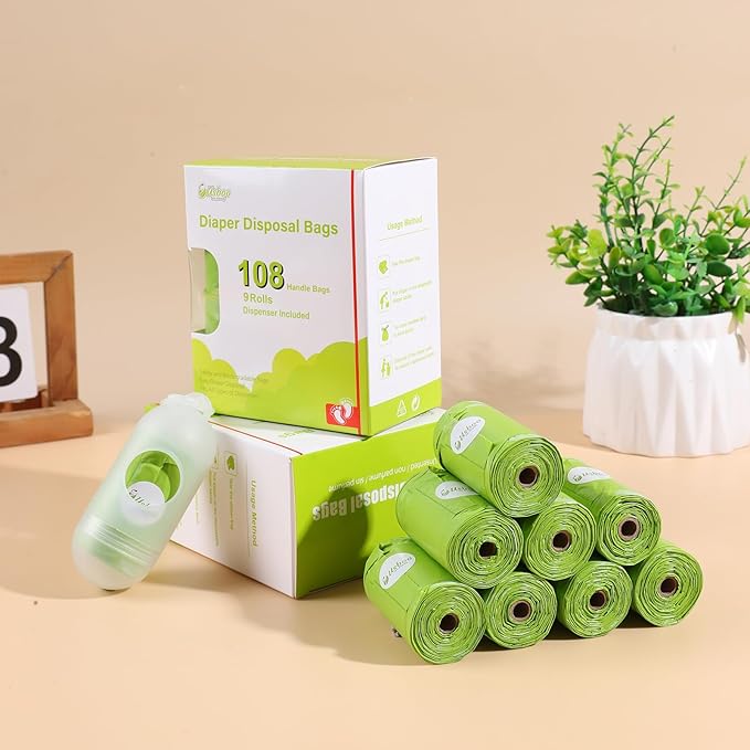 Disposable Diaper Bags for Baby, 9 Refill Rolls/108 Bags，OXO-Biodegradable Diaper Sacks with Dispenser,Easy-Tie Handles,Large Dirty Diaper Disposal or Pet Waste Bags