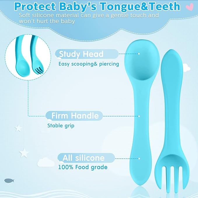 Nuenen 6 Pieces Silicone Baby Feeding Forks and Spoons Set Hot Safety First Stage Self Feeding Supplies Mini Kids Utensils for over 6 Months Babies Boy Girl Toddlers First Foods (Fresh Color)