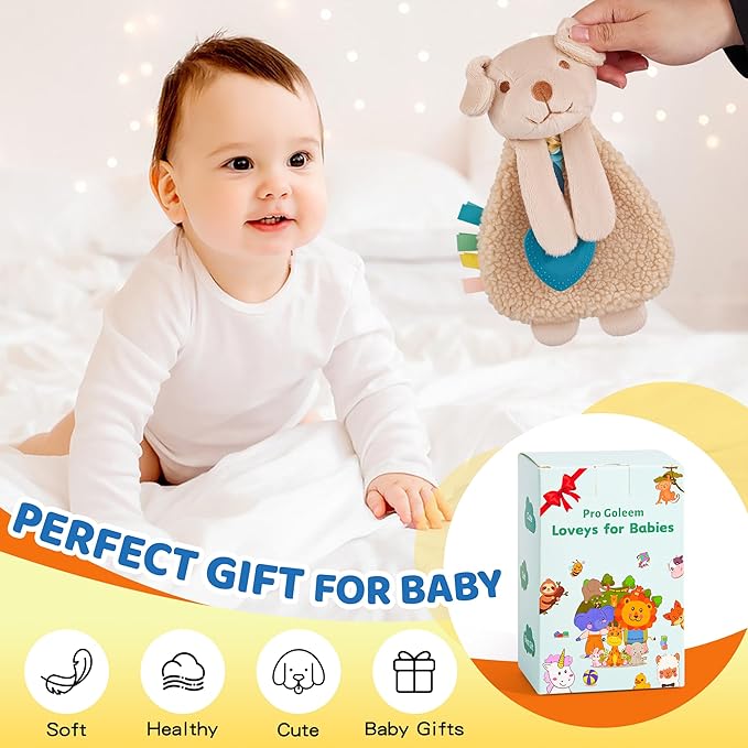 Pro Goleem Dog Loveys for Babies Girl and Boy, Baby Lovey with Teether, Baby Toys 0 3 6 9 12 Months, Safety Teething Toys for Babies Infant Newborn and Toddler Baby Gifts