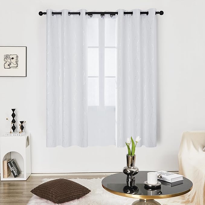 Deconovo Room Darkening Curtain, White Curtains, Thermal Insulated Noise Reducing Drapes, Silver Wave Dots Print, 42 x 72 Inch, Grommet Machine Washable Window Panels for Living Room Nursery, Set of 2