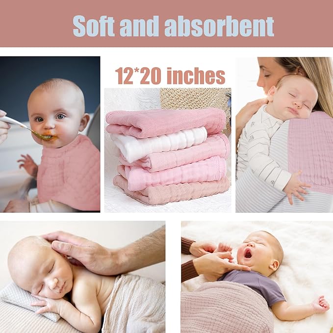 SnugOre Muslin Burp Cloths 5 Pack Large 20x12 inches Baby Burping Cloths, 6-Layer 100% Cotton for Newborn Boys Girls, Ultra Soft & Absorbent (White & Pink)