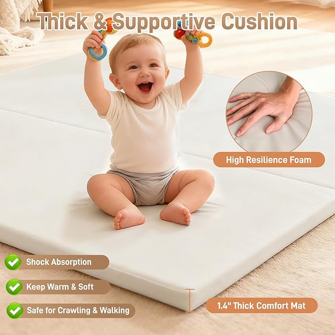 Baby Play Mat for Floor 1.4" Thick Memory Foam 50x50 Playpen Mat for Toddlers Infant Kids with Non-Slip Backing Safe for Crawling, Water-Repellent Leather for Tummy Time, Tatami Style(Grey)