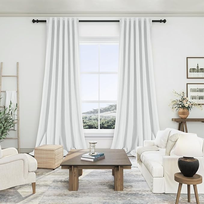 100% Linen Blackout Curtains for Bedroom 120 Inches Long, Back Tab/Rod Pocket Living Room Drapes, 10 FT Thermal Insulated Textured Blackout Curtains 2 Panels Set, 50" W x 120" L, White