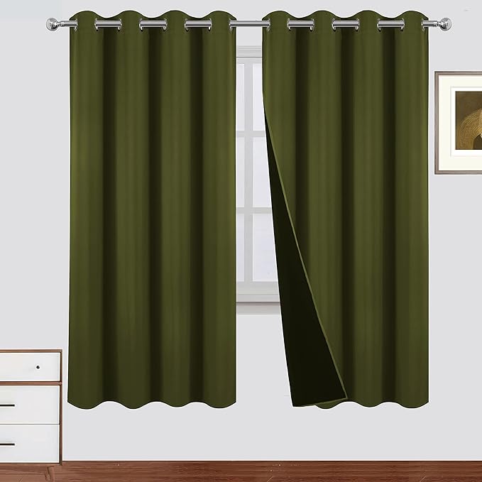 LEMOMO 100% Blackout Curtains 52 x 72 Inch Olive Green Curtains 2 Panels Darkening Thermal Insulated Bedroom Curtains