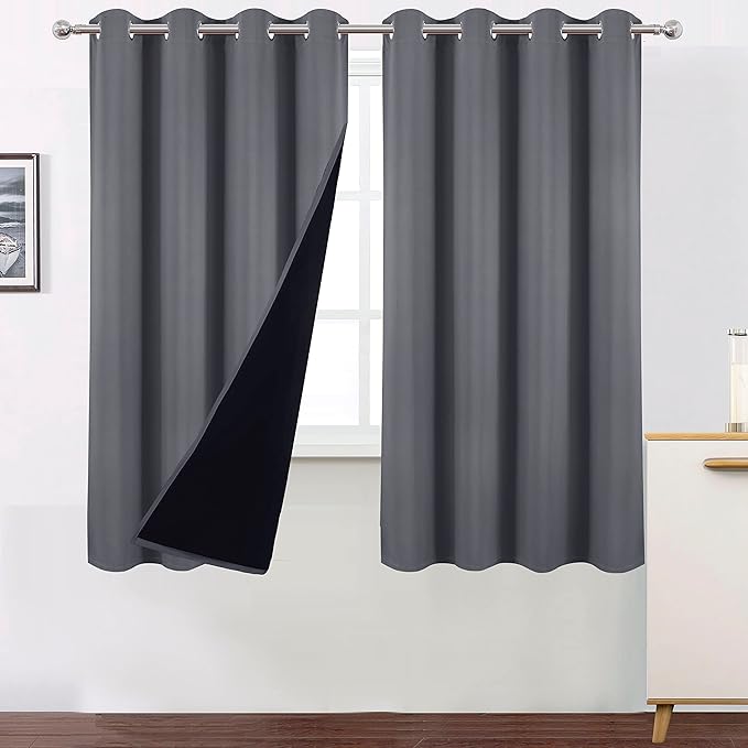 LEMOMO 100% Blackout Curtains 52 x 63 Inch/Grey Curtains 2 Panels with Black Lining Room Darkening Thermal Insulated Bedroom Curtains