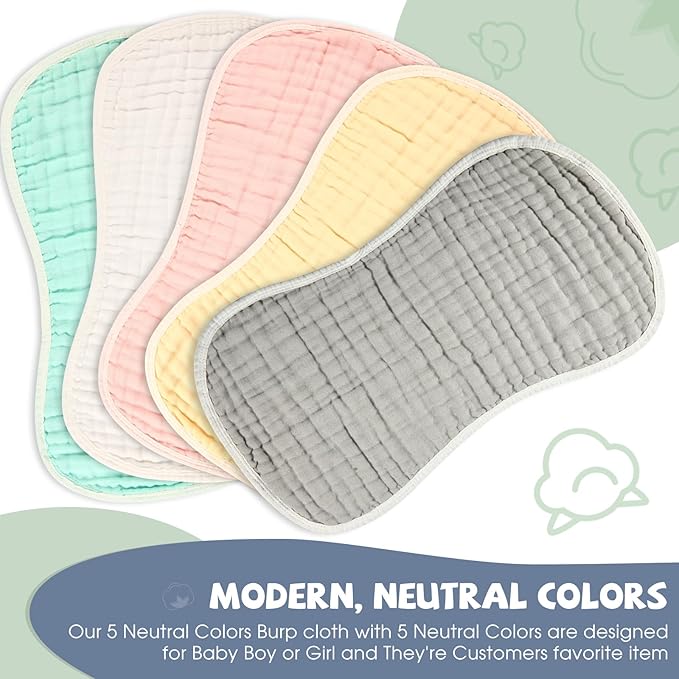 MUKIN Baby Muslin Burp Cloths and Burping Cloth,Soft Absorbent for Boys Girls,5 Pack Cotton Newborn Burp Bibs face Cloths (Multicolored)