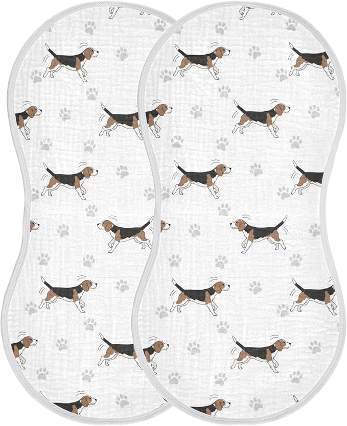 Qinllo 2 Pack Muslin Burp Cloths Beagle Paw Print White Cotton Baby Burp Cloths Ultra Absorbent Burping Cloth Soft Spit Up Rags for Baby Boys Girls 22x11 Inch