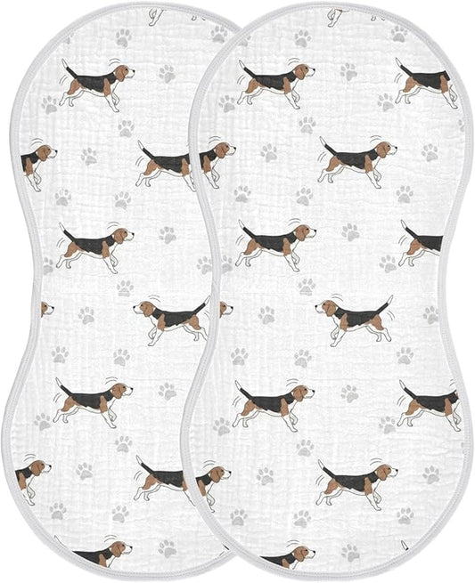 Qinllo 2 Pack Muslin Burp Cloths Beagle Paw Print White Cotton Baby Burp Cloths Ultra Absorbent Burping Cloth Soft Spit Up Rags for Baby Boys Girls 22x11 Inch