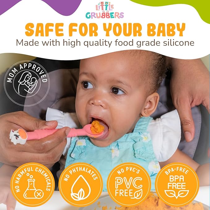 Little Grubbers 3-in-1 Silicone Baby Spoon Self Feeding 6+ Months - Pediatric OT Designed Teether Spoon, BPA Free Toddler Utensils, Mess-Free, Fun for Baby Led Weaning Supplies, Dog & Duck
