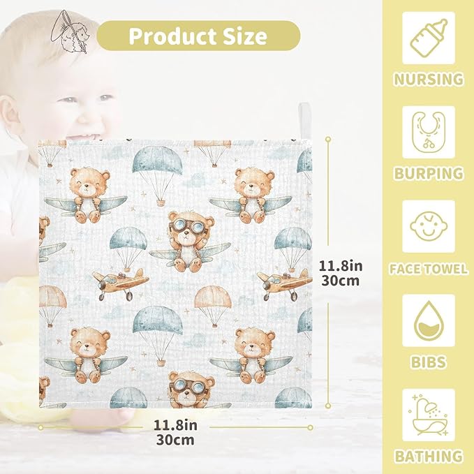 vvfelixl Cute Bear Pilot Baby Burp Cloths Baby Muslin Washcloths for Boys Girls Cotton Babys Face Towel for Newborn Infants Soft and Absorbent 11.8 X 11.8 in, 5 Pack
