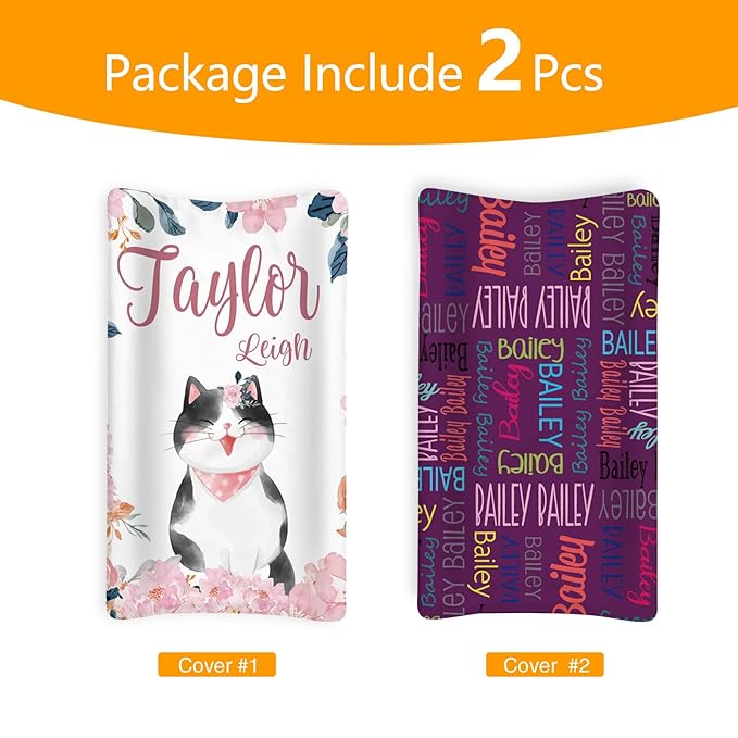 Custom Changing Pad Cover Set - Jersey Knit Ultra Soft Unisex Waterproof Diaper Changing Table Covers with Personalized Name for Baby Boys Girls - Comfy Cozy 2 Pcs Set Style10