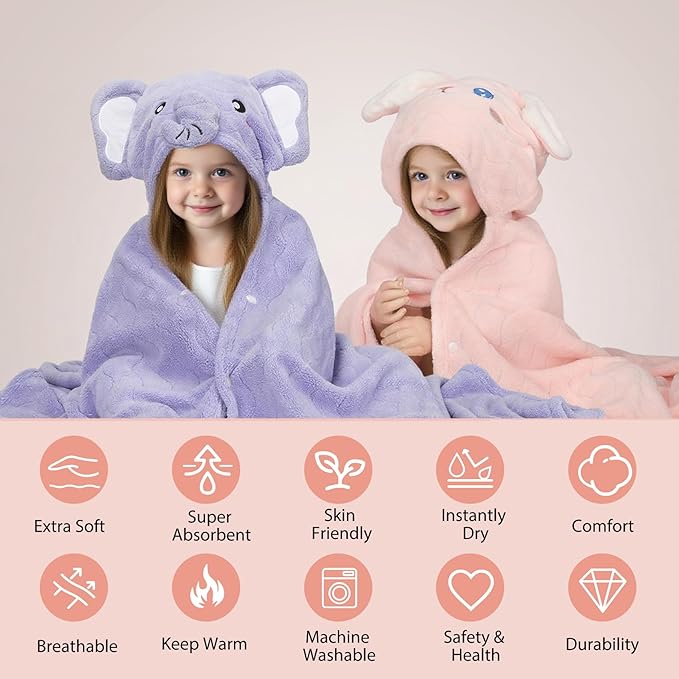 6 PCS Toddler Bath Towel Set for Boy Girl 0-5 Year, 2 PCS Thick Absorbent Hooded Baby Bath Towels Large 55" x 27.5" & 4 PCS Washcloths, Ultra Soft Gift for Infant, Toddler, Kids, Rabbit & Elephant
