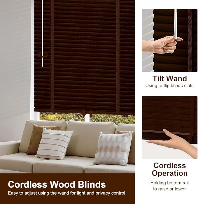 2" Cordless Wood Blinds for Indoor Windows Custom Blackout Blinds Room with Privacy Protection, Cordless Wooden Horizontal Window Shades for Bedroom, Living Room, Office, Bathroom, Kitchen
