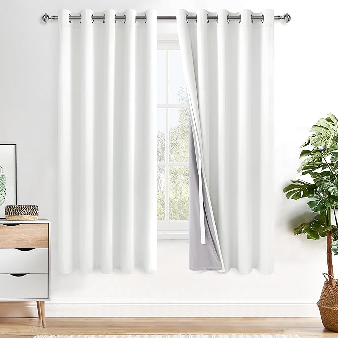 XWZO 100% Blackout Curtain Panels - Thermal Insulated Black Liner Curtains, Noise Reducing and Heat Blocking Drapes for Hall and Studio Windows with Tiebacks, Ivory, W60 x L63, Set of 2