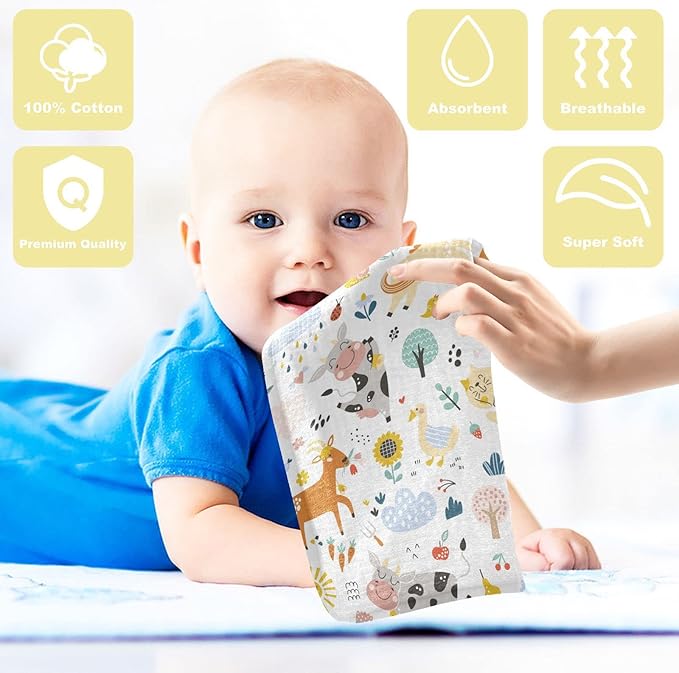 Baby Washcloths Cotton Cute Farm Animals Baby Muslin Washcloths Soft Baby Face Towel for Newborn Infants Baby Wipes, 11.8 X 11.8 Inch, 5 Pack