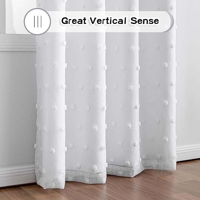 MYSKY HOME 90 Inches Long White Curtains with White Pom Pom Sheer for Living Room Nursery Curtain Girl Kids Bedroom Double Layer Light Filtering Window Panels for Toddler Grommet, 52" Wide, 2 Pieces