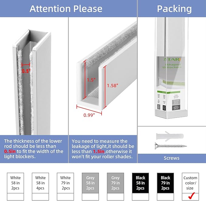 ZSTARR Custom Aluminium Alloy Light Blockers U-Channel Blackout Light Blockers Side Tracks for Window Shades and Blinds Side Tracks for Blackout Shades Light Blocking Strips for Bedroom 2Pcs