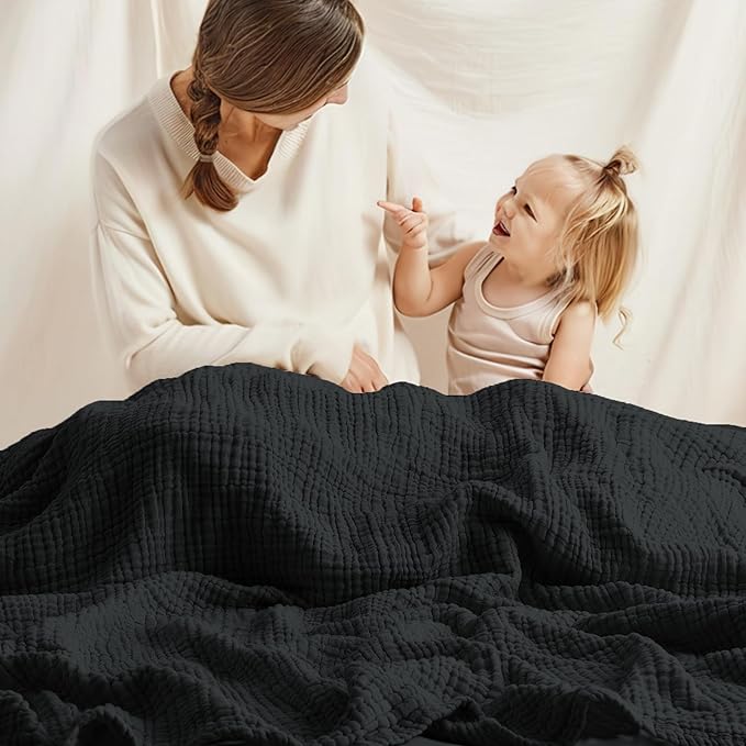 Carriediosa 100% Cotton Muslin Throw Blanket 50" X 70" Twin XL Size，4-Layers Summer Gauze Throws for Bed Couch，Soft Lightweight Breathable Linen Blankets Bedspread for Adults All Season，Black