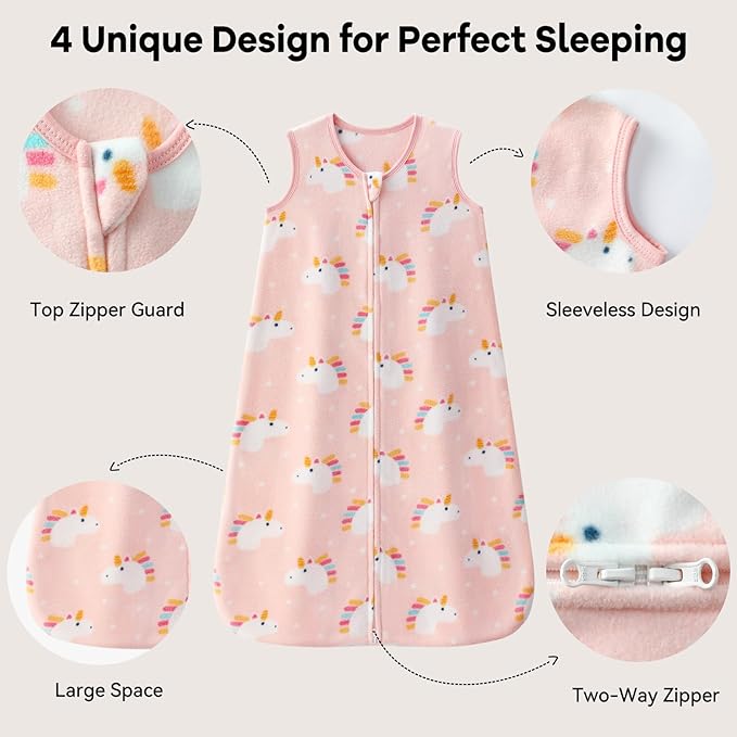 Unnivoll Fleece Baby Sleep Sack 18-24 Months 1.0 Tog Baby Wearable Blanket Microfleece Sleeping Sack with 2-Way Zipper for Toddler Infant Pink & White Unicorn