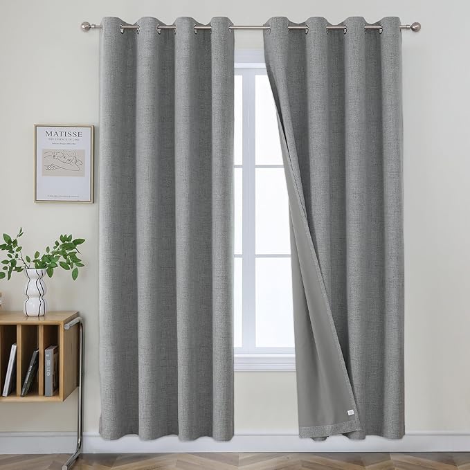 Joydeco 84 Inch Light Grey Blackout Curtains for Living Room, 100% Blackout Curtains for Bedroom, Linen Room Darkening Burlap Grommet Textured Drapes (42x84 inch, Light Grey)