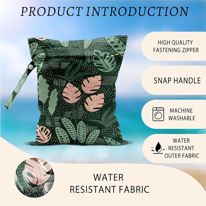 Plant Wet Bags 12x10 Inch, Summer Waterproof Wet Dry Bags, Palm Leaves Reusable Washable Travel Laundry Bag for Swimsuit Beach Diapers Dirty Yoga Gym Clothes, Plant Gifts for Women Friend Travelers