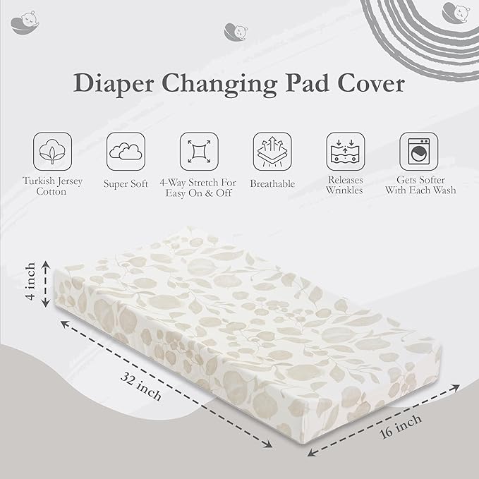 Oilo Changing Pad Cover, Breathable 100% Turkish Cotton Fitted Jersey, 300 Thread Count, Machine Washable, Fits Standard Changing Pads (32" x 16"), Girl, Boy, & Neutral Nursery Design, Beige Leaf