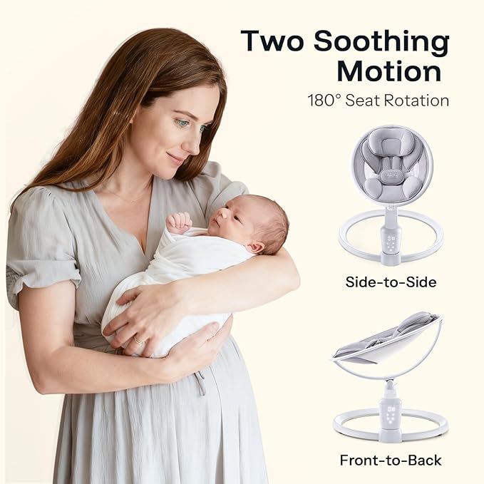 HARPPA Electric Baby Swings for Infants and Newborns, 5 Speeds and Remote Control 10 Built-in Melodies, 2 Seat Positions & 180° Rotation,Portable Baby Swing for Indoor Use,Dove Gray