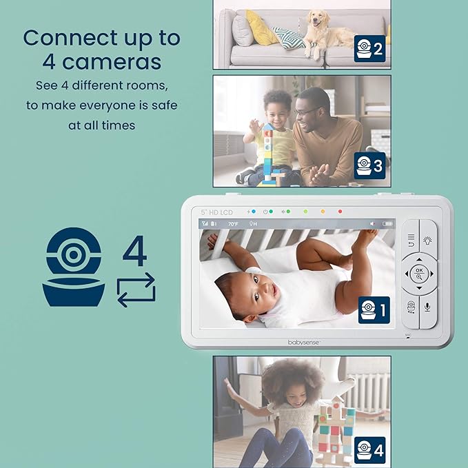 Babysense HD 5" Video Baby Monitor with Camera and Audio, No WiFi/App, Secure Closed-Loop, Night Vision, Pan-Tilt-Zoom, VOX Audio Alerts, White Noise & Lullabies, Up to 1000 ft Range, 20-Hour Battery