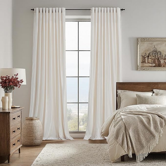100% Blackout Ivory Off White Velvet Curtains 90 inch Long for Living Room,Set of 2 Panels Liner Rod Pocket Back Tab Thermal Window Drapes Room Darkening Heavy Decorative Curtains for Bedroom