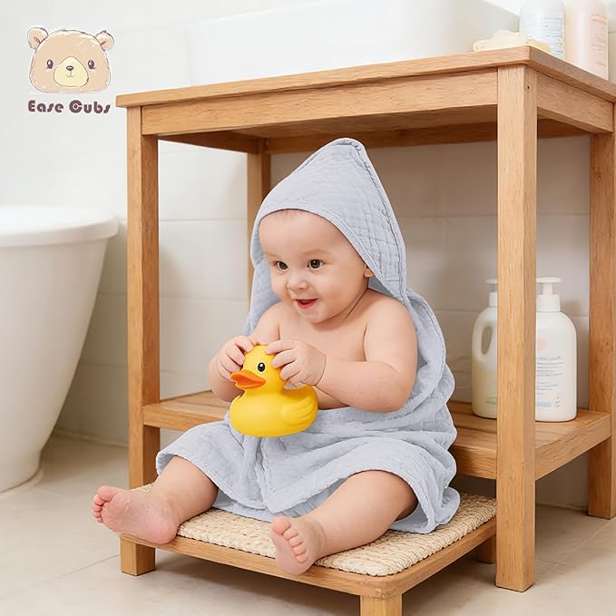 3-Pack Muslin Hooded Baby Towels, 100% Cotton, Ultra-Soft & Absorbent Baby Bath Towels with Hood for Babies, Infant, Toddler and Newbron (Grey, Green and Slate,32" x 32")