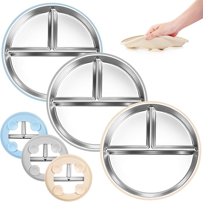 Bella's Friends Stainless Steel Toddler Plates Silicone Suction,3 Packs Non-Slip Baby Plates,Divided Portion,Food-Grade Silicone Plate for Kids,LEAD-FREE Dishwasher Safe, Blue Gray Beige