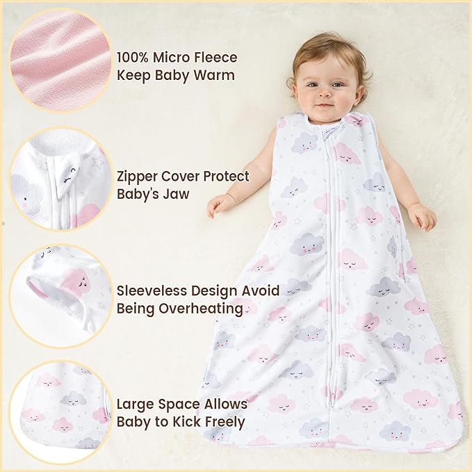 PHF 3 Pack Warm Micro-Fleece Baby Sleep Sack 0-6 Months, Soft Baby Wearable Blanket, 2-Way Zipper Sleeping Bags, Comfy Toddler Sleeping Sack for Girls, Small Size, Clouds