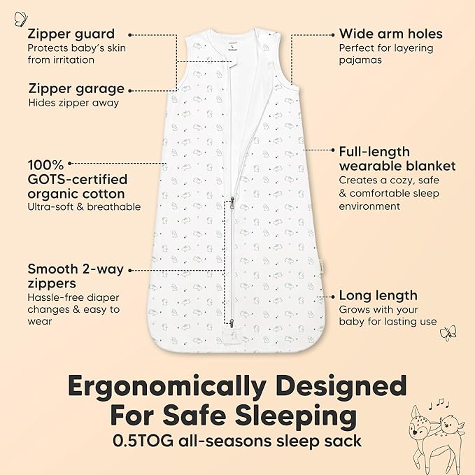 2-Pack Baby Sleep Sacks, Zipper Wearable Blanket - 0.5TOG Organic Cotton, Lightweight, Soft Cozy Infant Sleeping Sack 3-6 months, Easy to Wear Small Newborn Transition Swaddles Sleepsacks (Bunnies)
