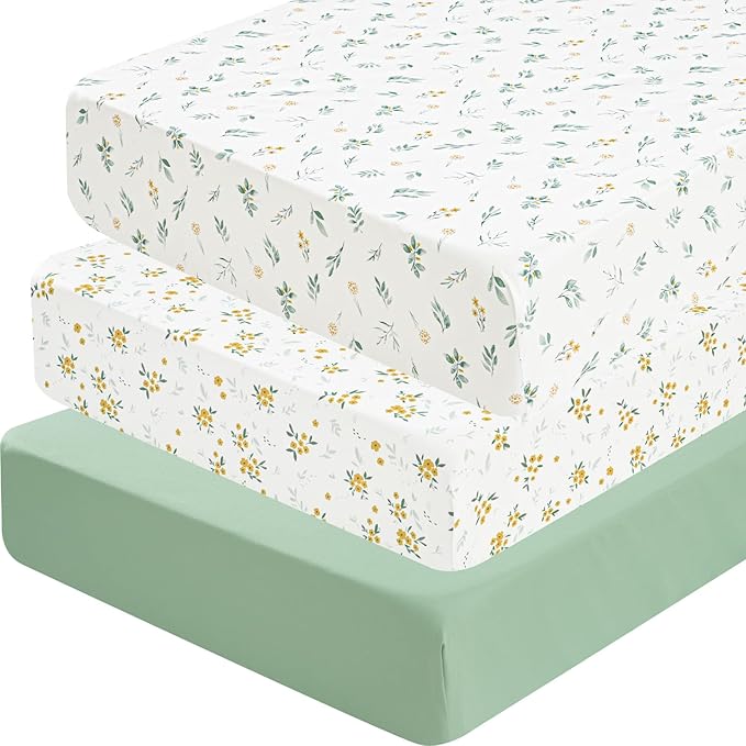 david's kids 3 Pack Fitted Crib Sheets, Ultra Soft Breathable Comfortable Baby Sheet Set for Boys Girls Neutral, 28x52 Inch Fits Standard Crib and Toddler Mattresses, Leaf & Floral
