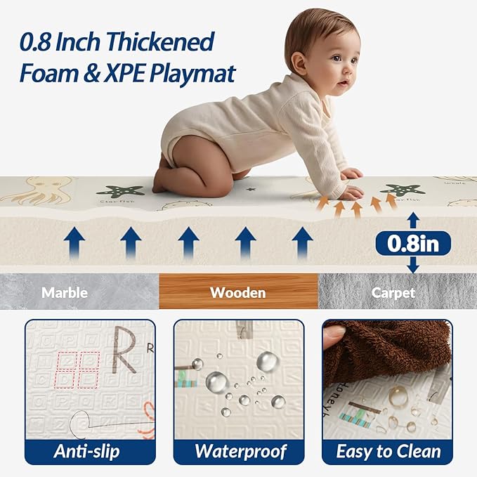 Foldable Baby Play Mat Foam, 79x71 Inch Thick 0.8 Inch XPE Waterproof Playmat, Extra Large Crawling Floor Foam Mats for Kids Infant Training Non-Slip Reversible