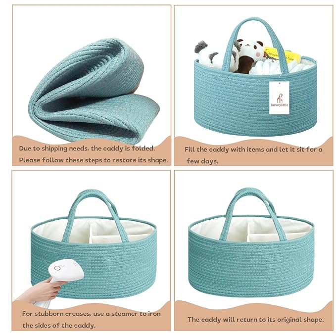 luxury little Diaper Caddy Organizer, Large Cotton Rope Nursery Baby Basket, Changing Table Organizer for Baby Diaper Storage, Portable Car Organizer Removable Divider (Lake Blue, Extra Large)