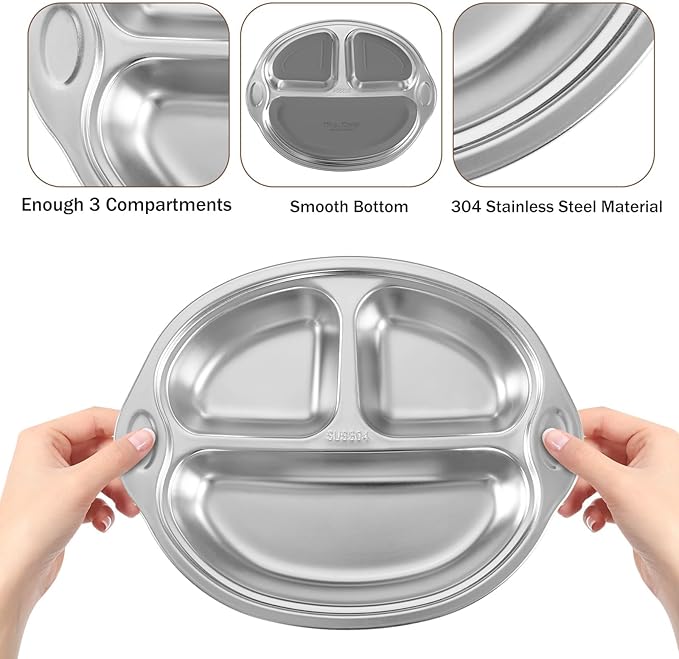 Mrs. Chou Stainless Steel Baby Suction Plates: Divided Plates for Babies and Toddlers, Made of 100% Food-Grade Materials Ideal for Baby-Led Weaning BPA-Free Toddler Feeding Dishwasher Safe Gray